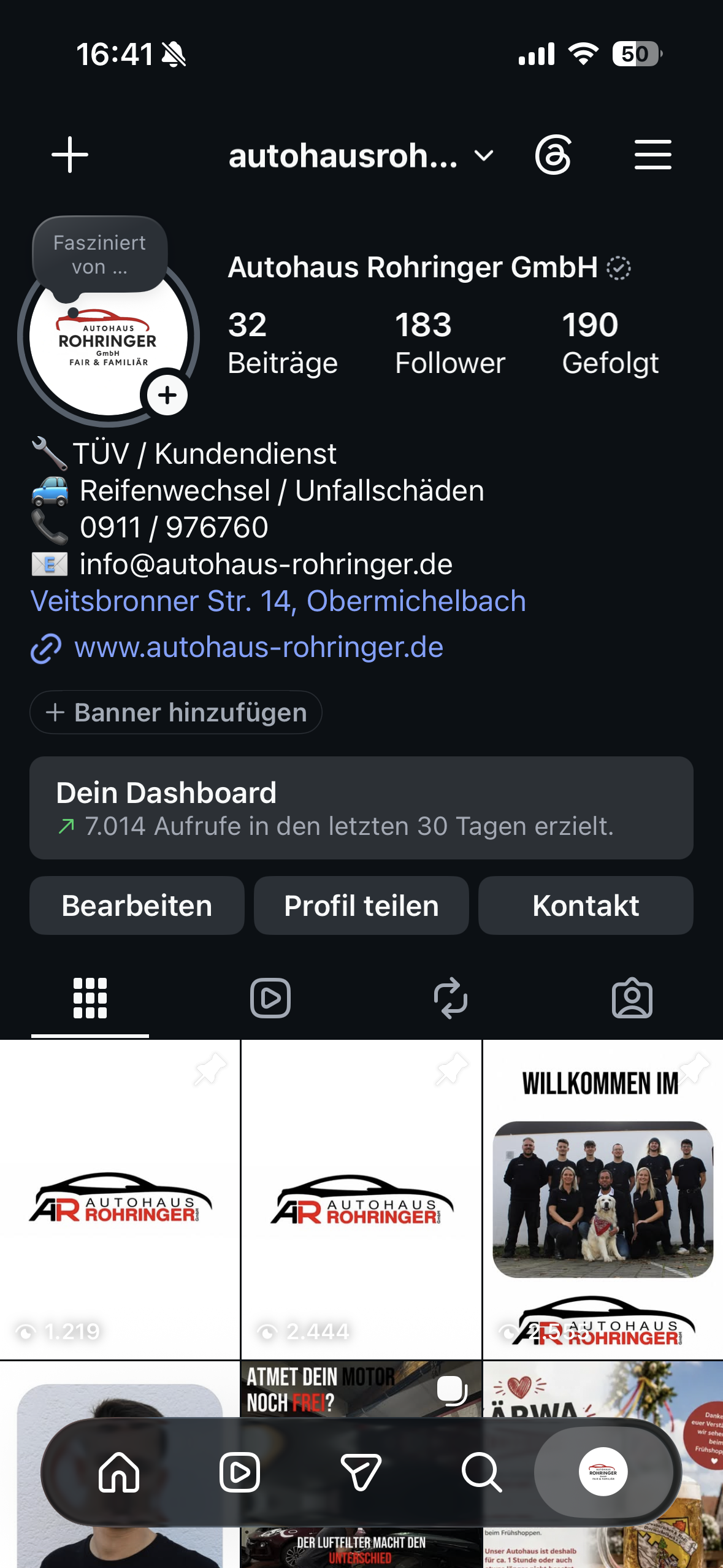 Instagram-Profil von Autohaus Rohringer mit Beiträgen und Reichweitenübersicht